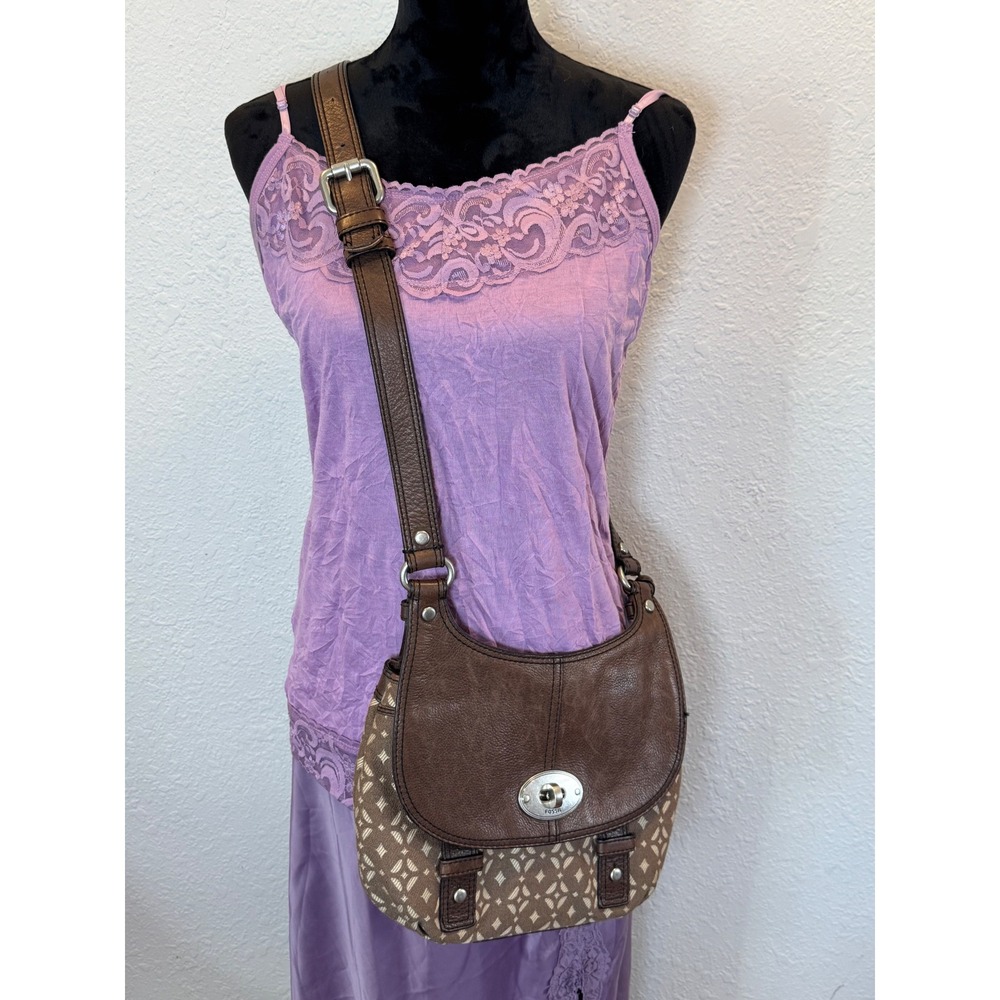 Fossil Maddox brown leather and geometric-print fabric crossbody bag